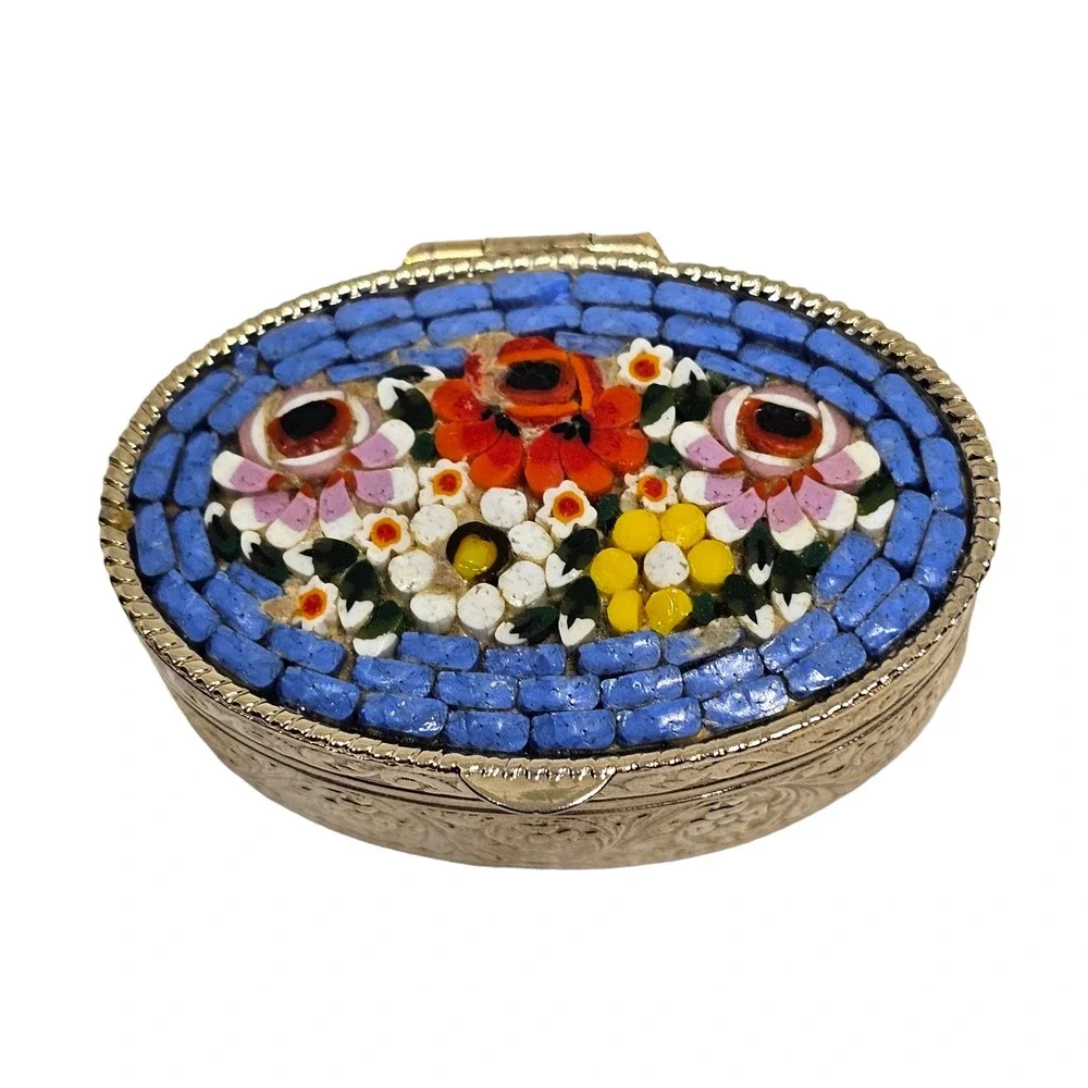 Vintage Flower Micro Mosaic Trinket‎ Box Pill Box Blue Floral